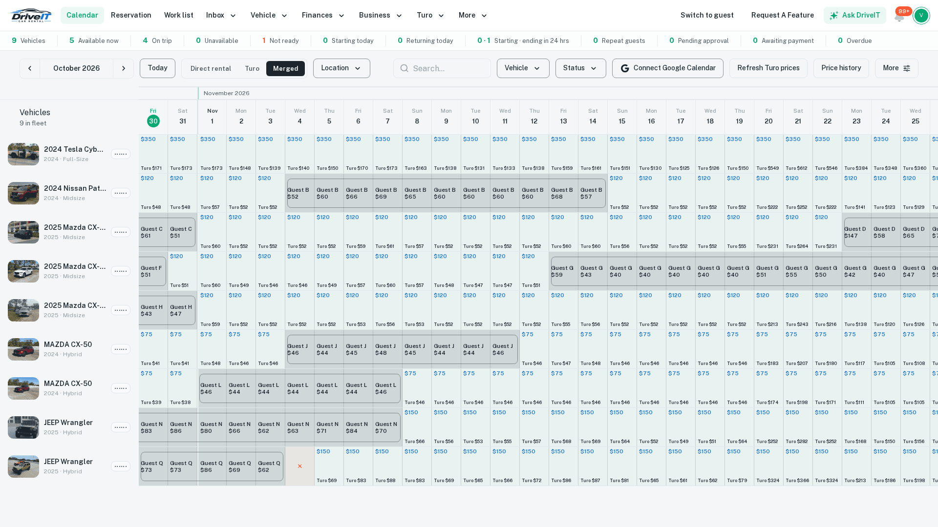 DriveIt's calendar with Turo and direct trips